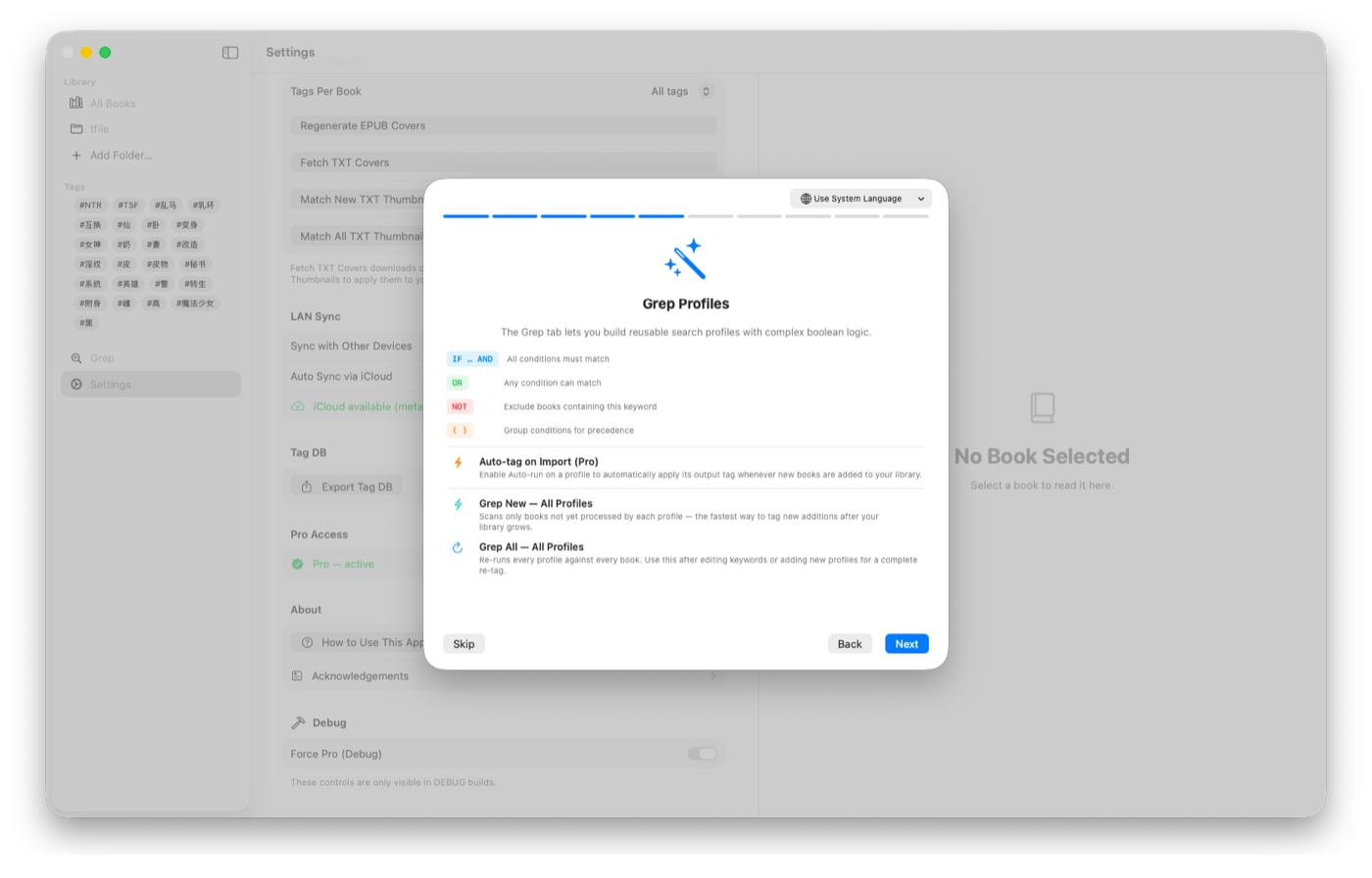 GrepTag on macOS — full-text keyword scan across a local library